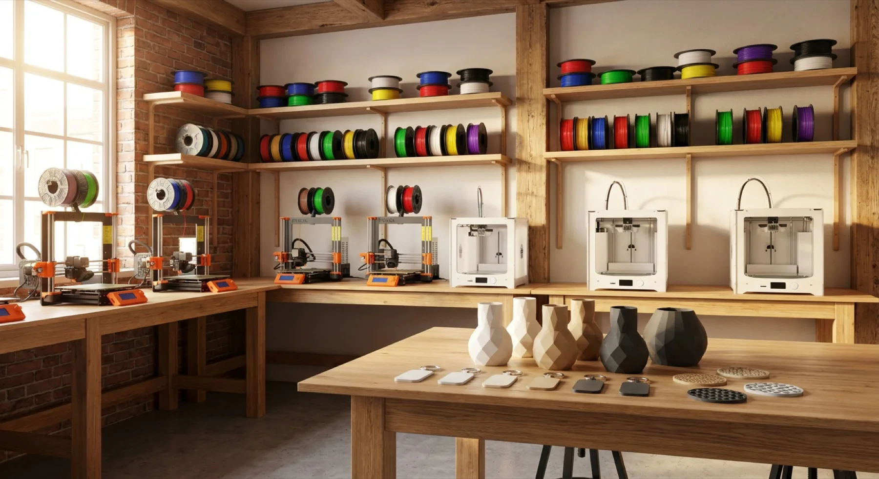 Atelier Filon Médoc à Talais : imprimantes 3D alignées, bobines de filament PLA multicolores et pièces finies sur l'établi en bois