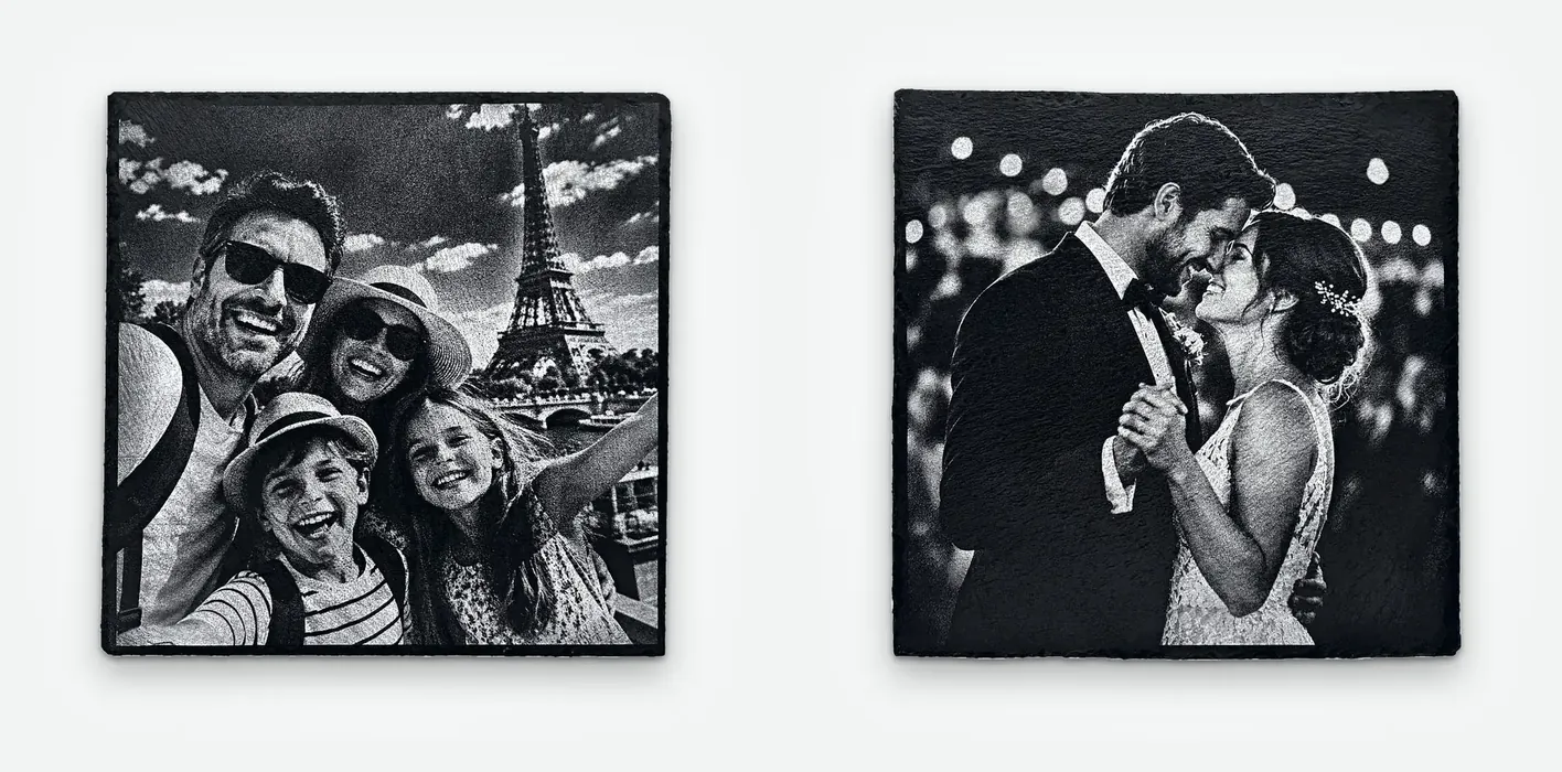 A family selfie in front of the Eiffel Tower and a newly married couple's first dance, engraved on two 30 × 30 cm square slates