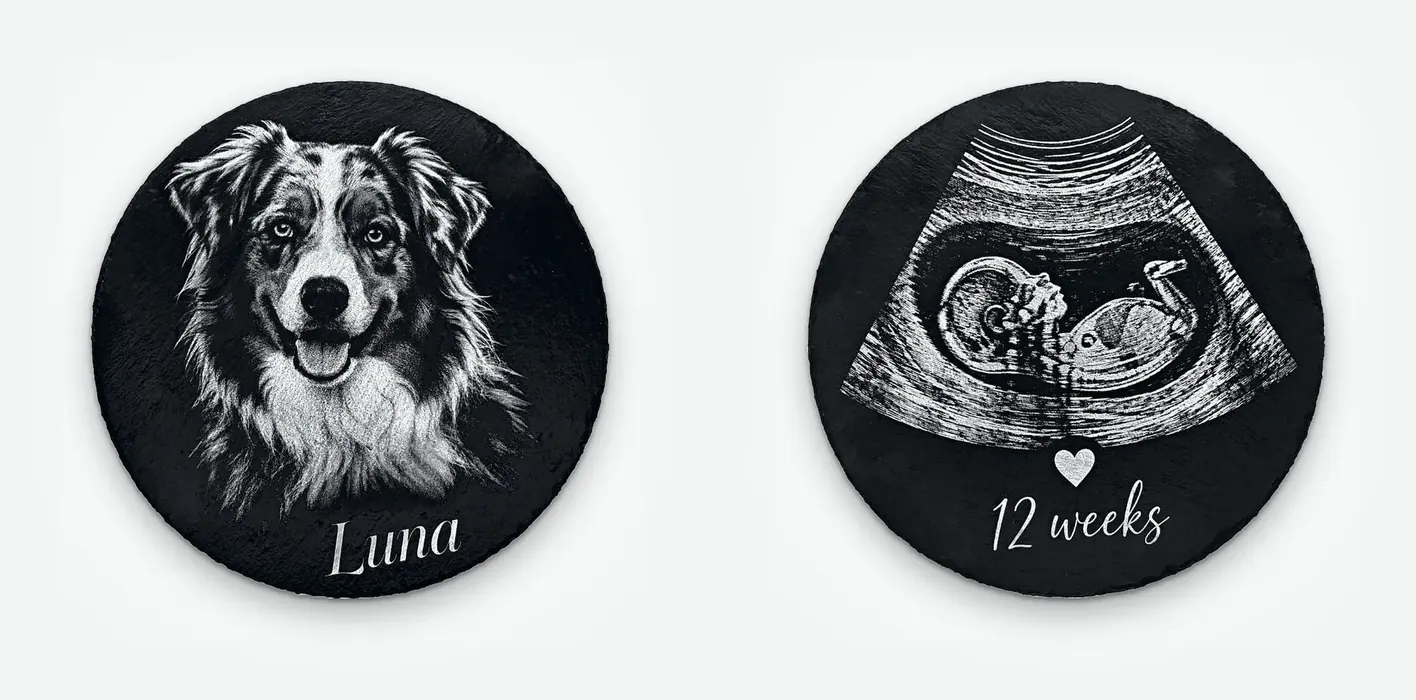 Portrait of Luna the dog with her name, and a "12 weeks" baby scan, engraved on two 28 cm round slates