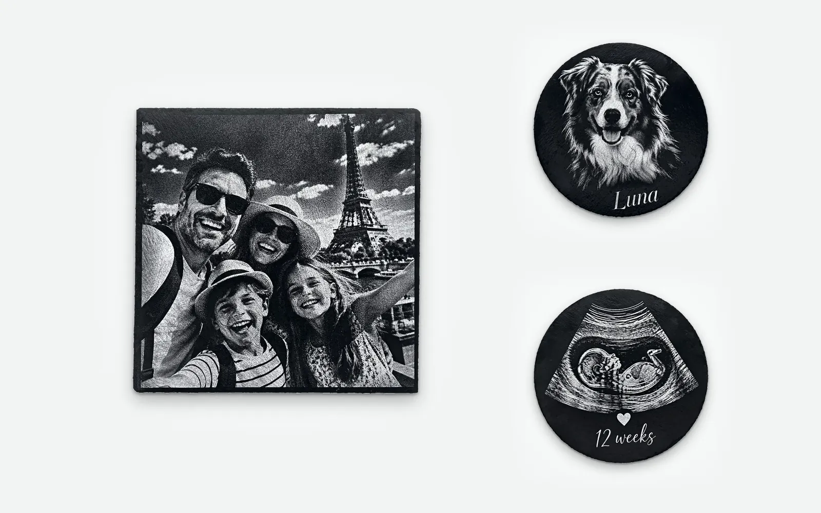 Three slates laser engraved by Filon Médoc: a family selfie in front of the Eiffel Tower, a portrait of Luna the dog and a baby scan