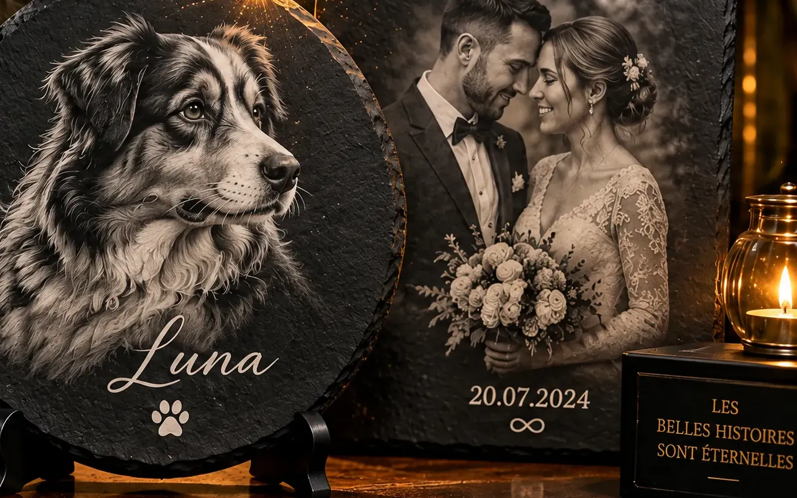Ardoise gravée au laser avec une photo de mariés et la date 20.07.2024 sous le symbole infini, posée près d'une bougie à côté du portrait du chien Luna