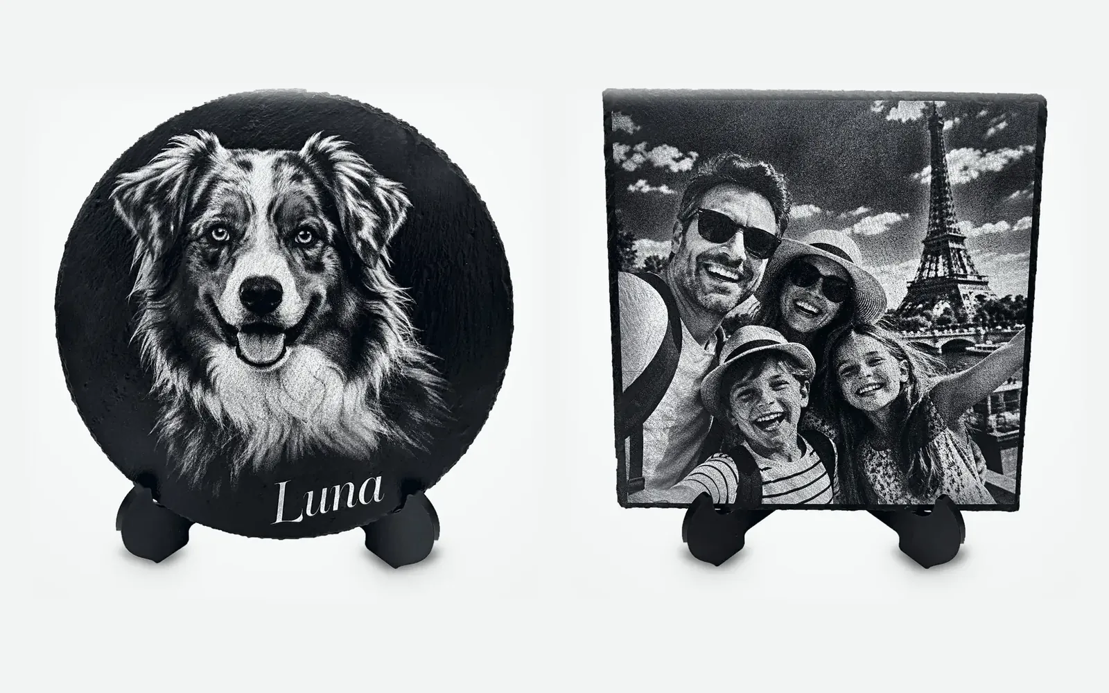 Two laser engraved slates on their supports: a portrait of Luna the dog with her name, and a family selfie in front of the Eiffel Tower