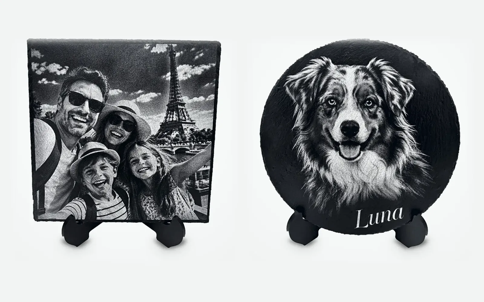 Two laser engraved slates standing on their supports: a family selfie in front of the Eiffel Tower and a portrait of Luna the dog