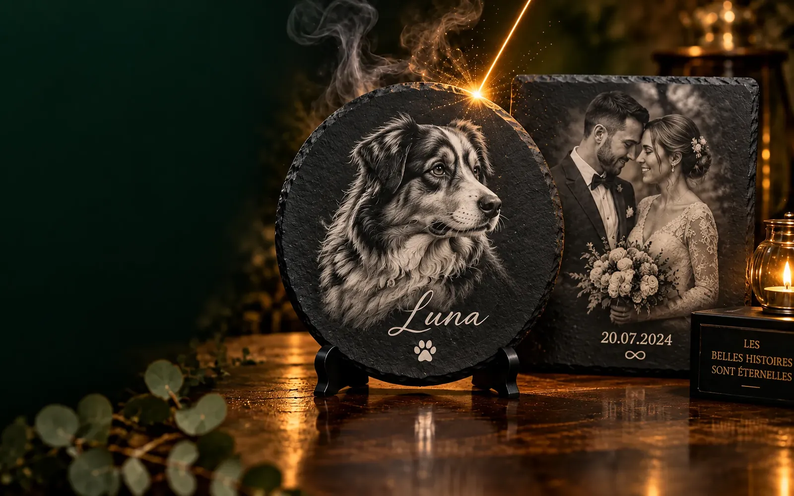 Two laser engraved slates on a table by candlelight: a portrait of Luna the dog and a wedding photo dated 20.07.2024