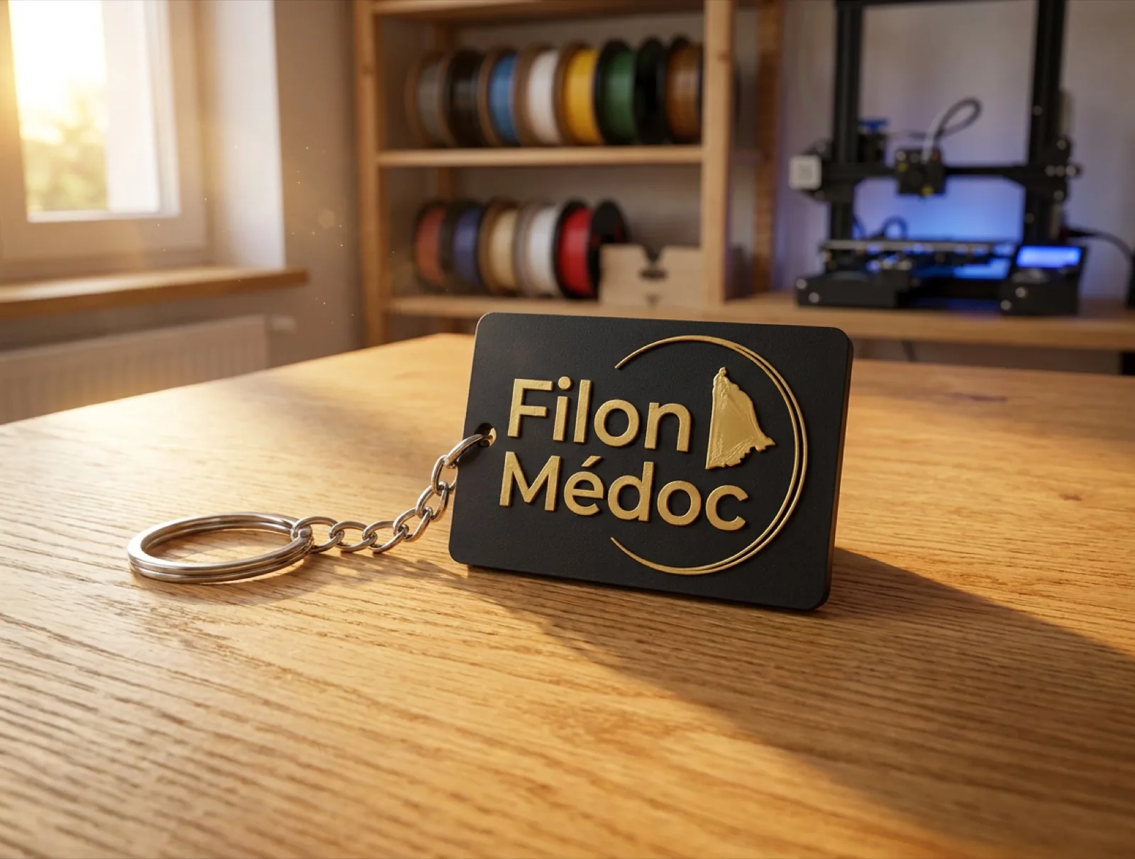 Porte-clé Filon Médoc en PLA noir et or imprimé en 3D, anneau et chaînette métal posés à la main, sur un établi en bois devant les imprimantes 3D et les bobines de PLA de l'atelier