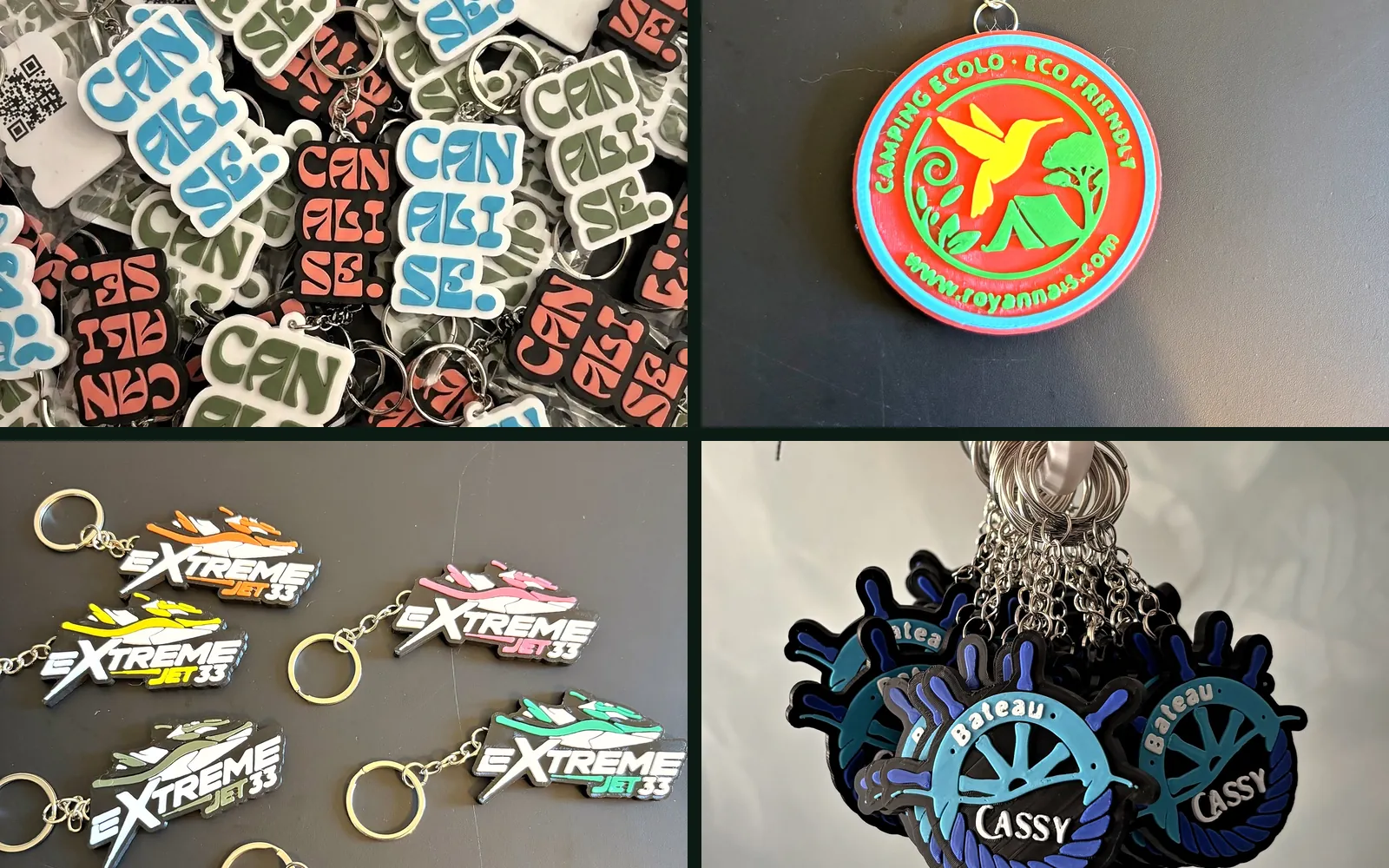 Four keyrings 3D printed by Filon Médoc: La Dame de Cœur's heart, Camping Le Royannais' hummingbird, eXtreme Jet 33's jet skis and Bateau Cassy's ship's wheel