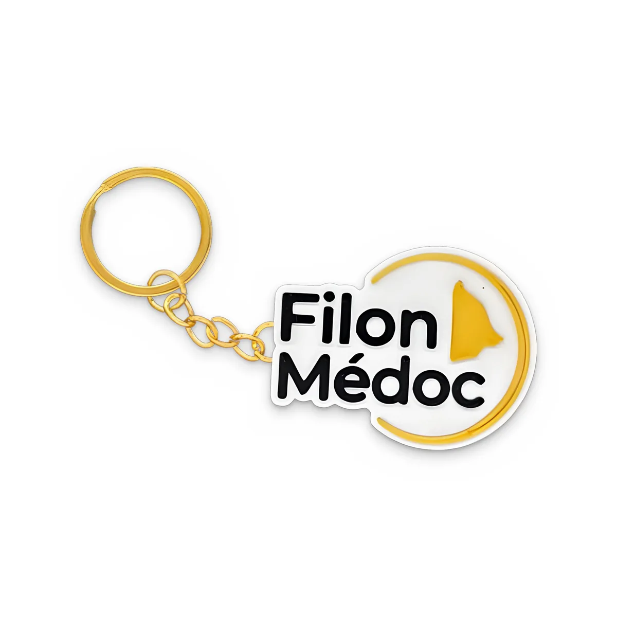 Porte-clé Filon Médoc en PLA noir et or imprimé en 3D, anneau et chaînette métal