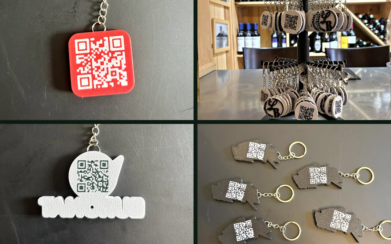 Backs of keyrings 3D printed by Filon Médoc with their QR codes: Gitem Soulac, La Dame de Cœur, Euronat and eXtreme Jet 33