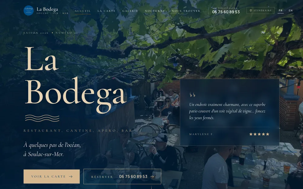The labodegasoulac.fr site shown on a desktop and on a phone: home page under the arbour and the restaurant menu