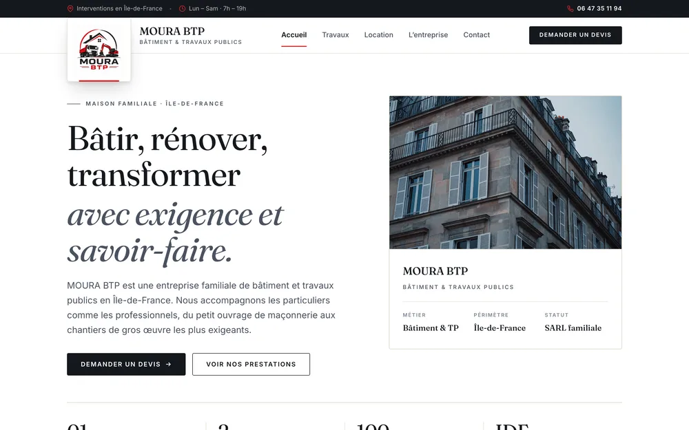 The mourabtp.fr site shown on a desktop and on a phone: home page and one of the trade pages