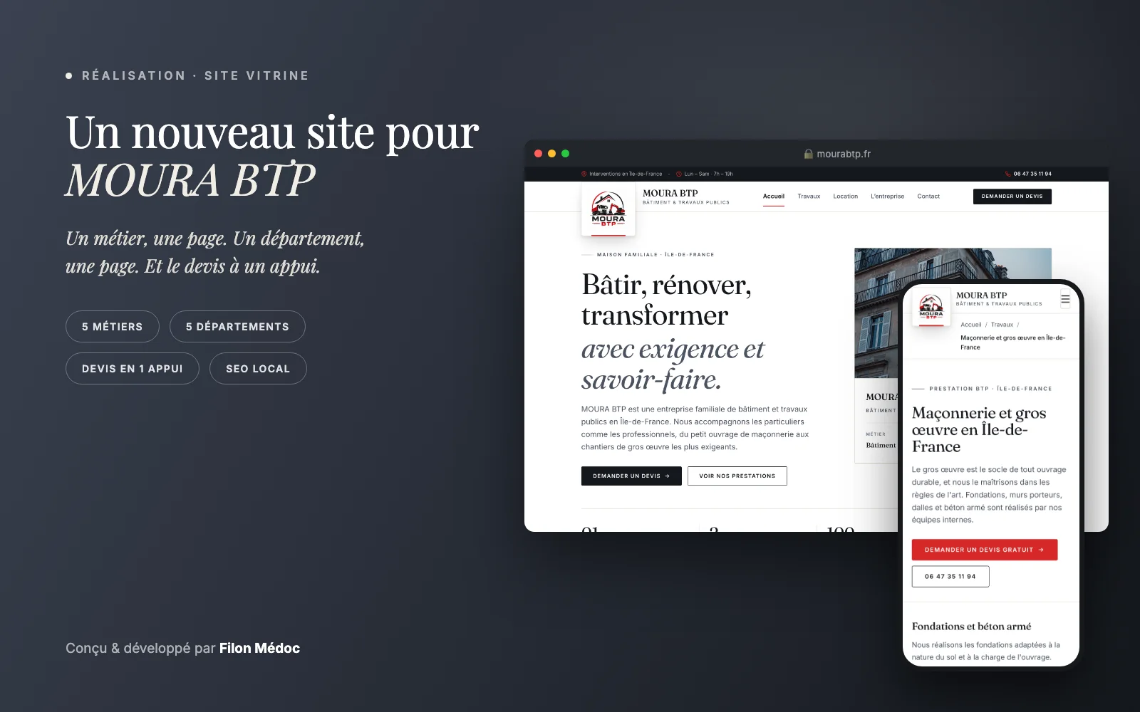 Le site mourabtp.fr affiché sur ordinateur et sur téléphone : page d'accueil et page d'une prestation de travaux