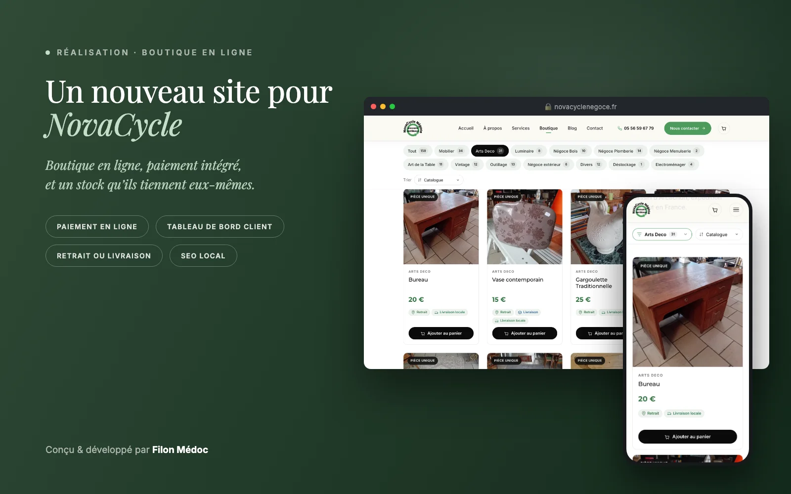 La boutique novacyclenegoce.fr affichée sur ordinateur et sur téléphone : le catalogue et ses fiches produit
