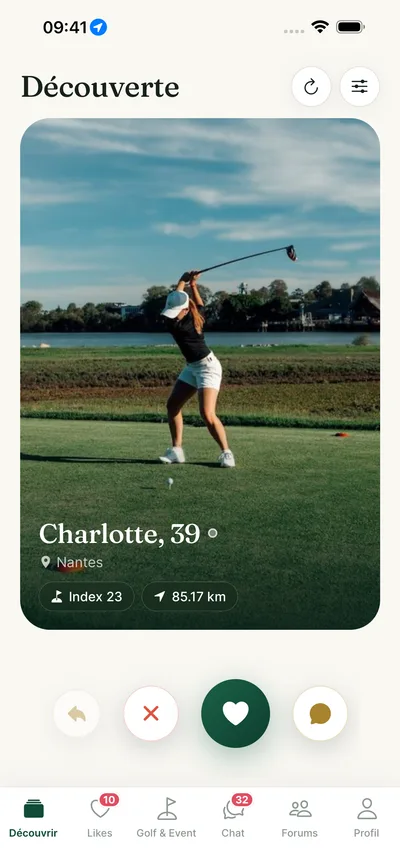 The Par2 app on three phone screens: discovering profiles, a full profile and a conversation