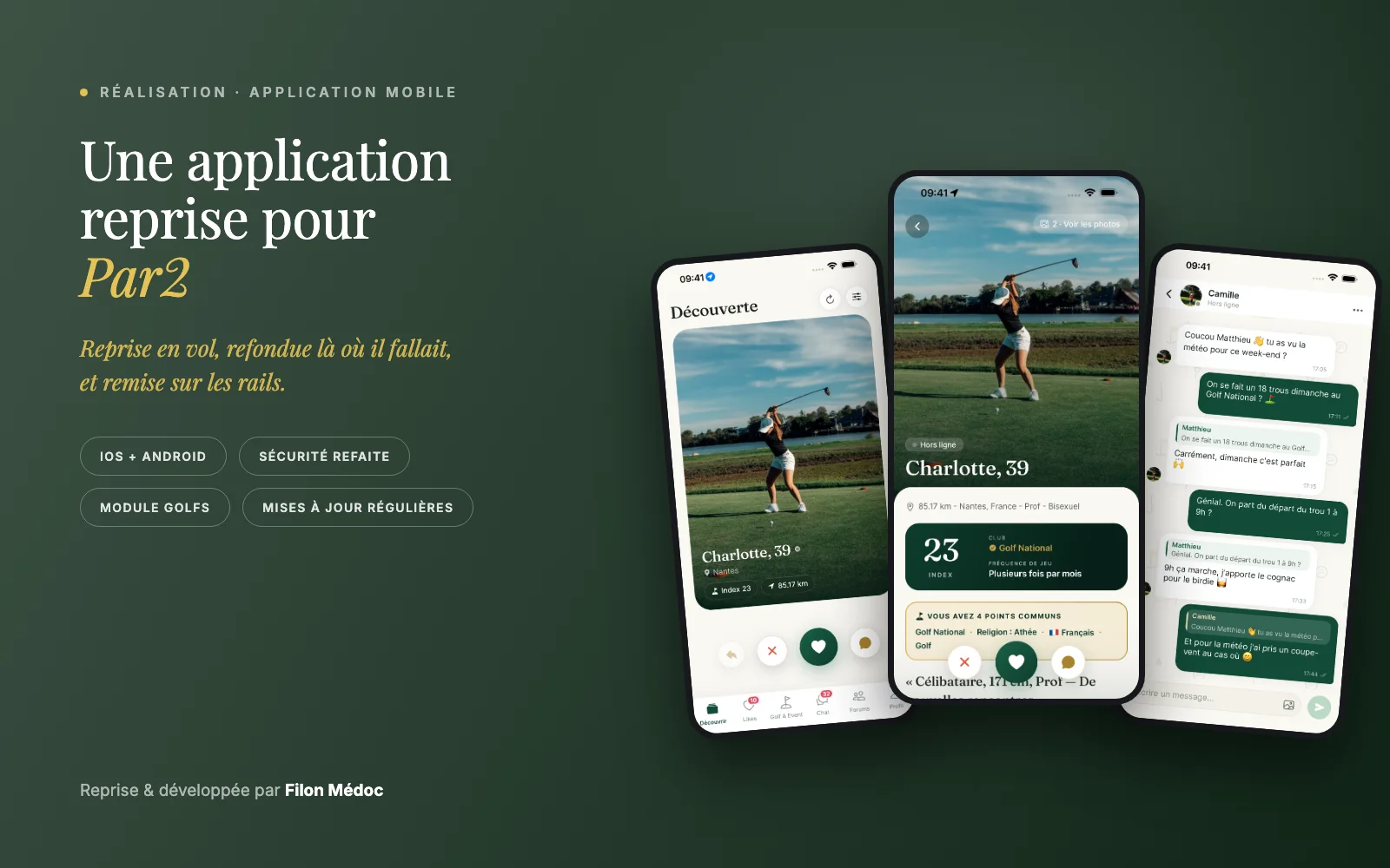 L'application Par2 sur trois écrans de téléphone : la découverte des profils, un profil complet et une conversation