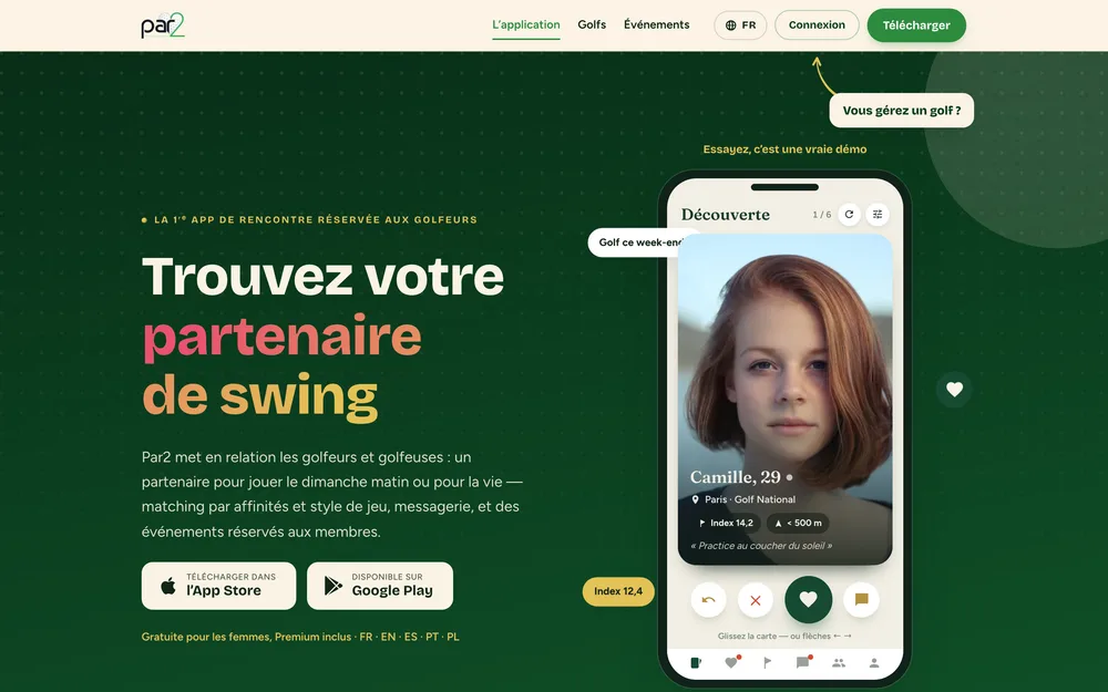 The golfpar2.com site shown on a desktop and on a phone: home page and the golf course directory