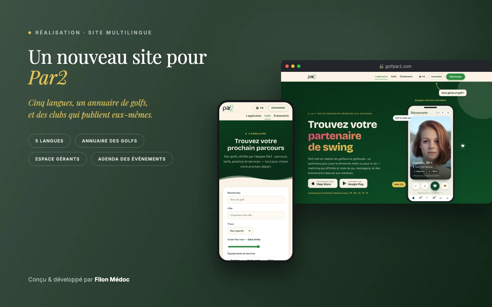 Le site golfpar2.com affiché sur ordinateur et sur téléphone : page d'accueil et annuaire des golfs